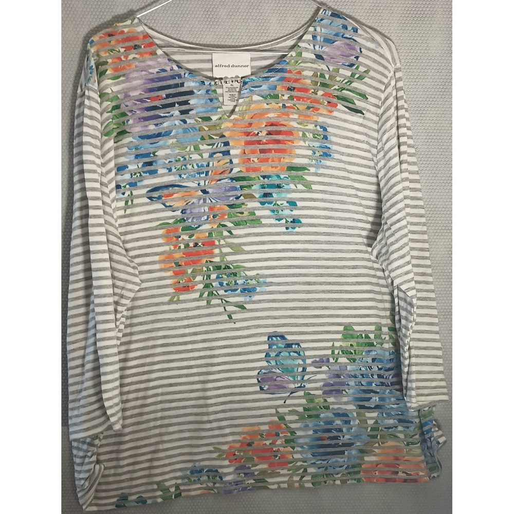 Alfred Dunner XL Striped Floral Butterfly Top 3/4 Sleeve Beaded Split Neck Gray